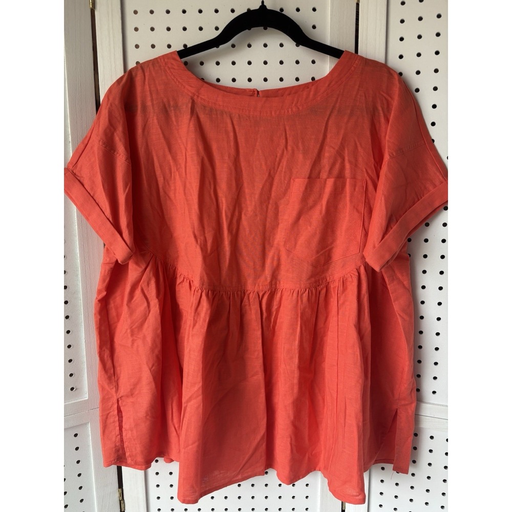 La Lavon Women's S Oversized Linen Cotton Blend Orange Smock Short Sleeve Shirt